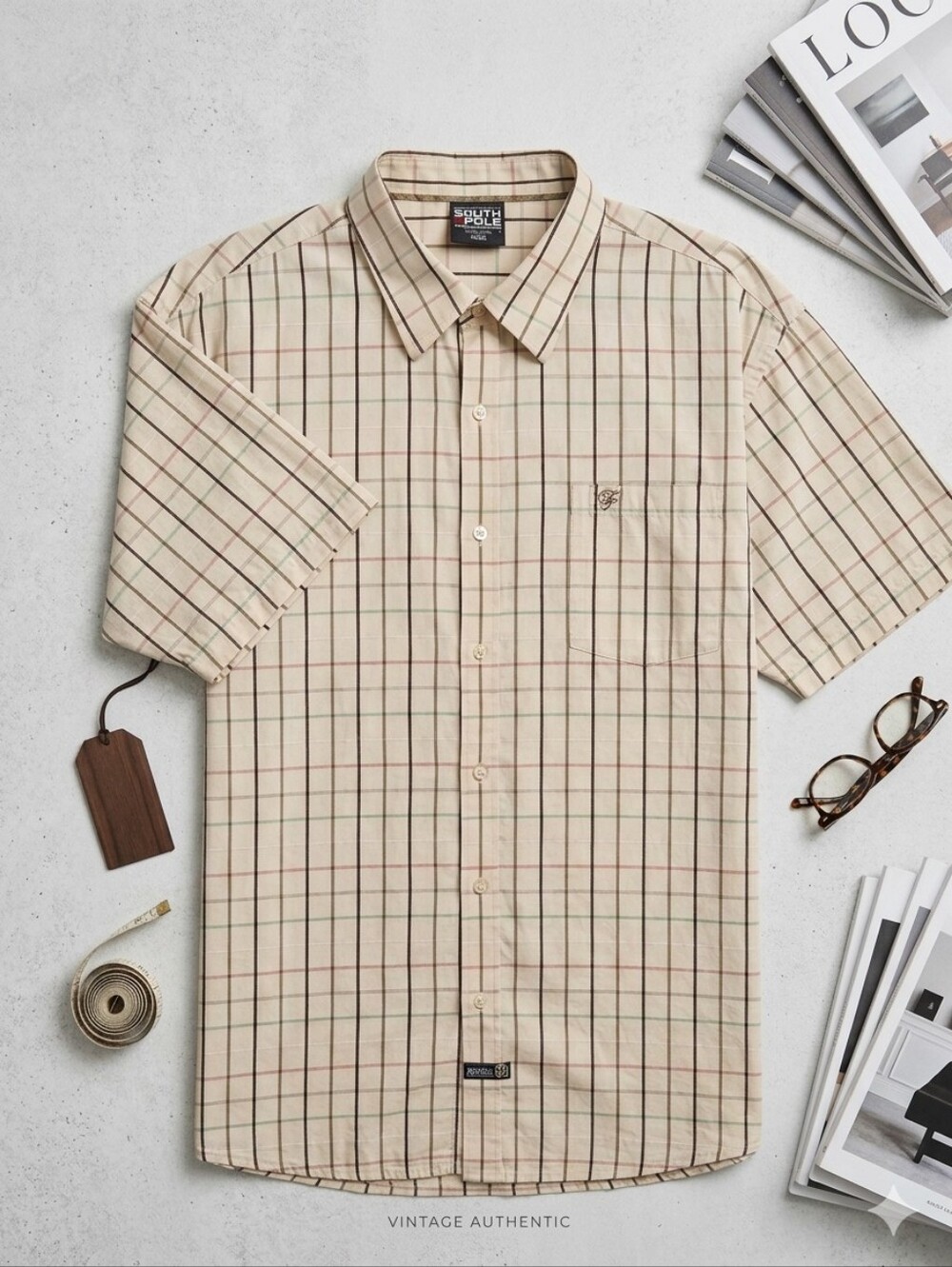 South Pole Cream Plaid Short-Sleeve Button-Down Shirt with Green & Red Accents